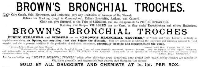 Advertisement for Brown's Bronchial Troches, 1895. Creator: Unknown.