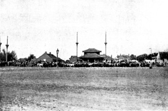 Chinese ammunition train starting from Niuchuang for the front; captured by Japanese..., 1895. Creator: George Meisenbach.