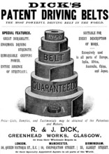 Advertisement for Dick's Patent Driving Belts, 1895. Creator: Unknown.