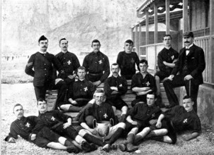 Football at Gibraltar: 2nd Battalion East Lancashire Regiment, winners of the Governor's Cup, 1895. Creator: Bruzon.
