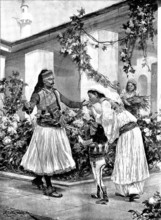 Her Lord and Master: a scene in a north Albanian house, 1895. Creator: George Meisenbach.