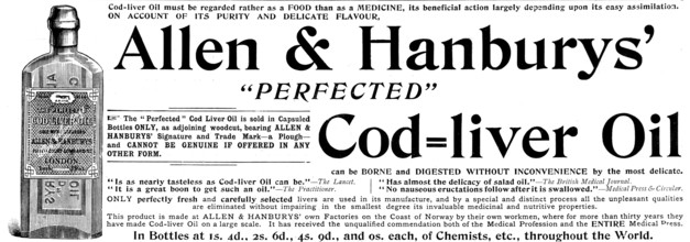 Advertisement for Allen & Hanburys' "Perfected" Cod=liver Oil, 1895. Creator: Unknown.