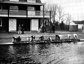 The Universities' Boat-Race: the Cambridge crew at practice - putting in the boat, 1895. Creator: Stearn.