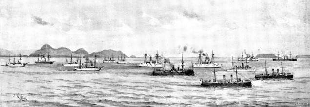 The War in Eastern Asia: men-of-war anchored off Chefoo - a sketch from the shore, 1895. Creator: George Meisenbach.
