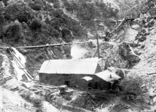 Mining in New Zealand - Achilles Gold-Fields, Limited: Thirty-Stamp Mill...and ore feeders, 1895. Creator: George Meisenbach.