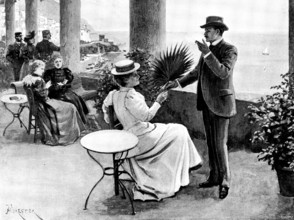 Adam Johnstone's Son: "Thank you - dear," she said as he gave her the fan, 1895. Creator: George Meisenbach.