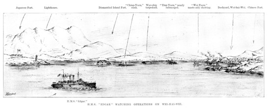 The War in Eastern Asia: H.M.S. "Edgar" watching operations on Wei-Hai-Wei, 1895. Creator: Unknown.