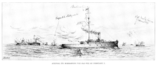 The War in Eastern Asia: Admiral Ito bombarding Wei-Hai-Wei on February 7, 1895. Creator: Unknown.