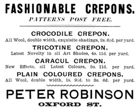 Advertisement for Peter Robinson, Fashionable Crepons, 1895. Creator: Unknown.