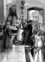 Holy Thursday at the Holy Sepulchre: kissing the column at which Christ was flagellated, 1895. Creator: P Naumann.