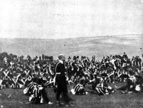 The Volunteer Manoeuvres at Brighton: Waiting for rations after the fight, 1895. Creator: Symmons & Thiele.