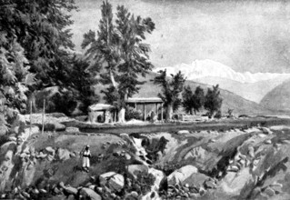 The Chitral Expedition: Musjid in the Serai, Chitral: the Mountain Trichmir in the distance, 1895. Creator: George Meisenbach.