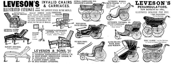Advertisement for Leveson's Invalid Chairs & Carriages, 1895. Creator: Unknown.