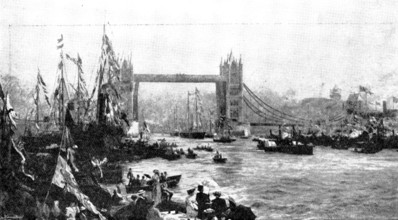 Pictures from the Royal Academy: The Opening of the Tower Bridge - W. L. Wyllie, A.R.A., 1895. Creator: George Meisenbach.