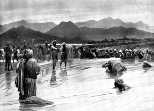 The Chitral Expedition: fording the Swat River...village of Chatedarra in the background, 1895. Creator: Unknown.
