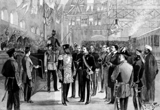 Arrival of the Ameer's son in London: the scene at Victoria Station, 1895. Creator: P Naumann.