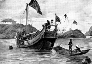 Sketches in Formosa: "Black Flag" soldiers laying down mines at the entrance to Takow Harbour, 1895. Creator: George Meisenbach.