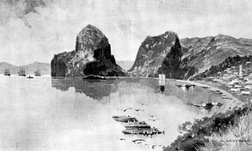 Sketches in Formosa: bay on the north side of Keeling, with fleet at anchor off the town, 1895. Creator: Unknown.