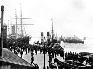 The White Star R.M.S. "Germanic," lying at Liverpool landing-stage, outward bound for New York, 1895 Creator: George Meisenbach.
