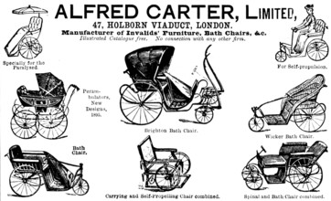 Advertisement for Alfred Carter, Ltd, Manufacturer of Invalids' Furniture, Bath Chairs, &c., 1895. Creator: Unknown.