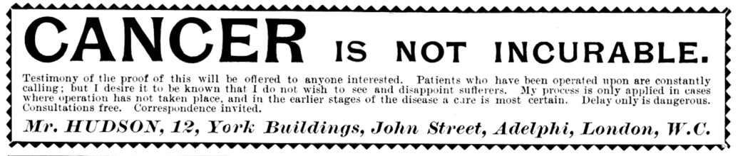 Advertisement for Mr. Hudson's cure for cancer, 1895. Creator: Unknown.