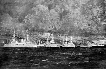 Ironclads of all nations in the Bay of Kiel during a thunderstorm, 1895. Creator: George Meisenbach.