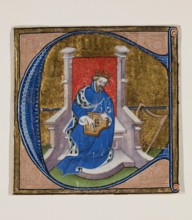 Leaf Fragment with Historiated "E" with King David Playing Psaltery, 15th century. Creator: Unknown.
