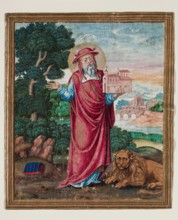 Leaf Fragment with Framed Miniature with Saint Jerome Holding Model Church, 16th century. Creator: Unknown.