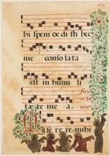 Choral Leaf: Text with Musical Notation, Partial Foliate Border, and Five Franciscan (?) Monks... Creator: Unknown.