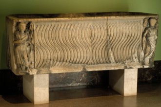 Strigilated Sarcophagus with Figures of Salus & Asclepius, 3rd century. Creator: Unknown.