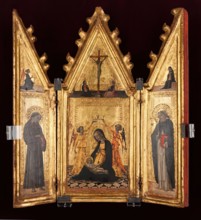 Madonna of Humility Crowned by Two Angels, Saints Francis and Dominic, Annunciation and...c1430-40. Creator: Vecchietta.