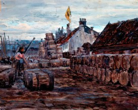 Stacking Salt Herring Barrels, Possibly Portsoy, c1870-1920. Creator: George Sherwood Hunter.