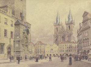 View of the Church of Our Lady before Týn and the Marian Column in Prague's Old Town Square. Creator: Rudolf von Alt.