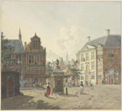 A well house in an open space, with a maid in a red skirt and a bucket. Creator: Johannes Huibert Prins.