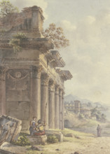 Architectural capriccio: Ruins of a temple facade, landscape with buildings and a bay in the back... Creator: Victor Jean Nicolle.