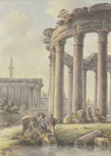 Architectural capriccio: Ruins of a round temple, Trajan's Column in the background. Creator: Victor Jean Nicolle.
