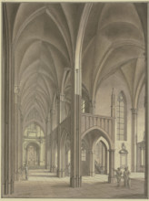 View of a Gothic church with figures in 17th-century costumes, 1776. Creator: Johann Vogelin.