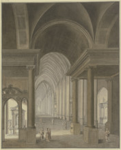 View into a Gothic church, with Baroque additions in the foreground and figures in 17th-cen...,1778. Creator: Johann Vogelin.