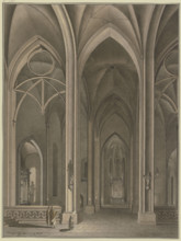 View into the side chapel of a Gothic church, in evening light; in the foreground..., c1776. Creator: Johann Vogelin.
