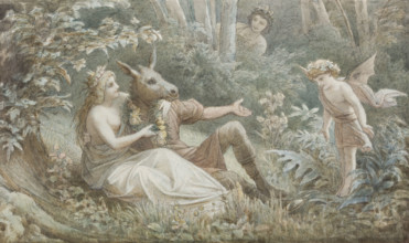 The fairy queen Titania crowns the donkey-headed Nick Bottom sitting next to her, c1883. Creator: Leopold Bode.