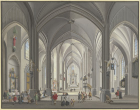 View into the interior of a Gothic hall church with many figures in 17th-century..., 1790. Creator: Johann Ludwig Ernst Morgenstern.