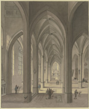View into the chancel of a three-aisled Gothic hall church with figures in 17th-century costume,1819 Creator: Johann Ludwig Ernst Morgenstern.