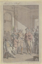 A prince with his retinue at a locked door, next to which sits an exhausted man. Creator: Christian Sambach.