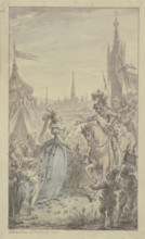 A princess and girls with flowers receive a knight on horseback in front of a tent.. Creator: Christian Sambach.