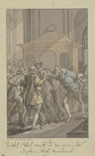 Three men arguing with swords and a clergyman before a confessional. Creator: Christian Sambach.