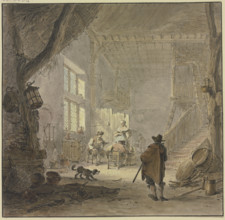 The interior of a house, two men and a woman at the window, a man seen from behind in the foreground Creator: Hendrik Meijer.
