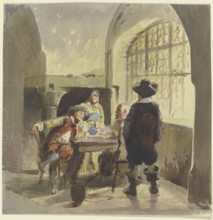 Three soldiers from the time of the Thirty Years' War in a chamber, with a woman present. Creator: Eugen Johann Georg Klimsch.