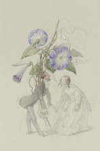 A bouquet of blue bindweed, with a couple bowing to each other below.. Creator: Adolf Schrödter.