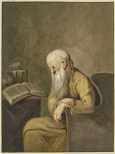 An old man with a long beard has fallen asleep in his chair while reading. Creator: Leffer.