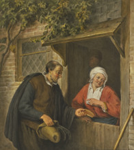 A man gives a piece of cake to a woman standing in the doorway, c18th century Creator: Unknown.